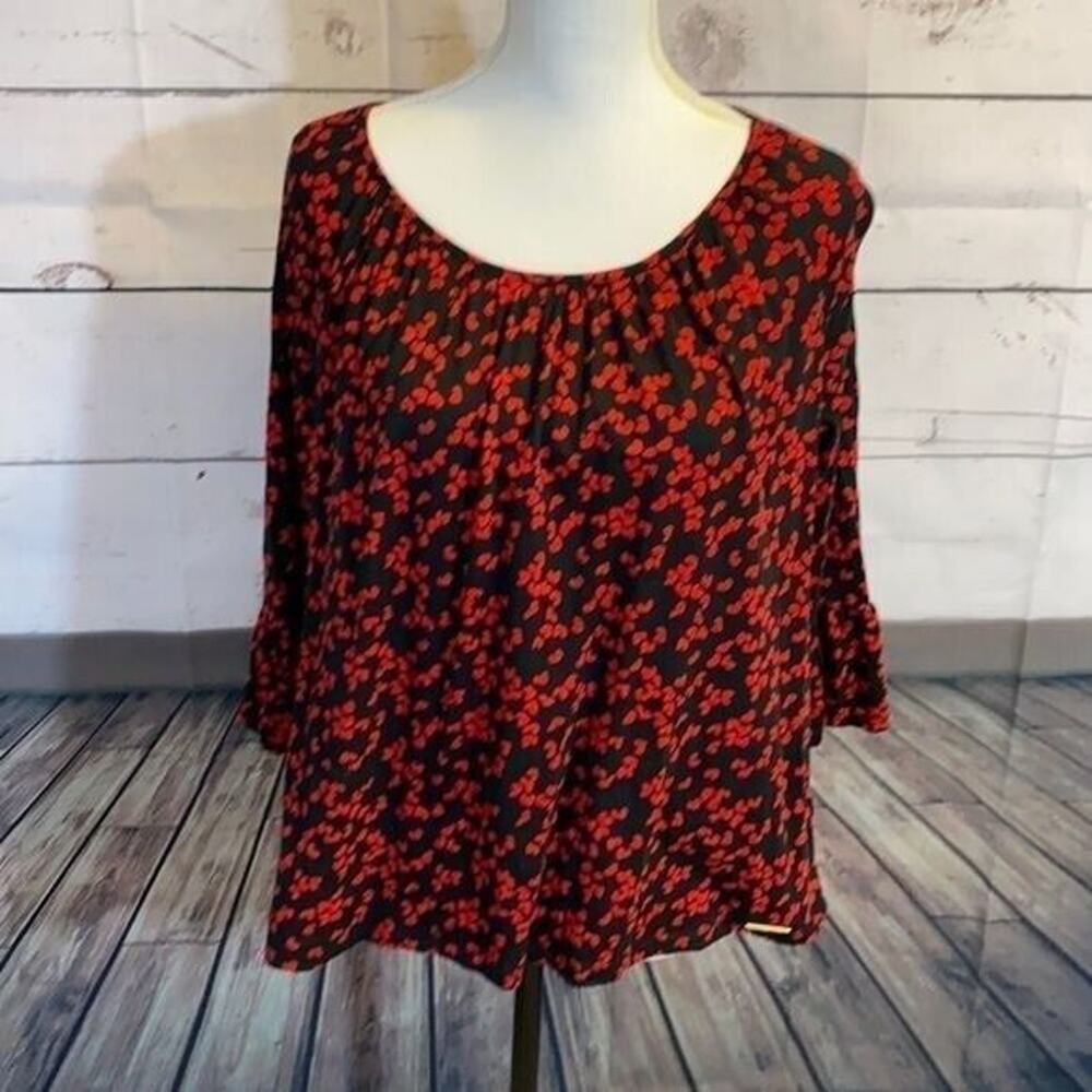 Michael Kors Shirt Womens Large Black Red Hearts Ruffle‎ Sleeve Popover Romantic